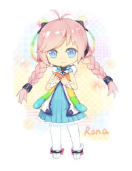 Rule 34 | 1girl, aimota, antenna hair, blue eyes, braid, character name, chibi, dress, female focus, full body, gradient background, heart, hood, hood down, hoodie, long hair, looking at viewer, pantyhose, pink eyes, rainbow gradient, rana (vocaloid), smile, solo, text focus, twin braids, vocaloid, white background, white pantyhose
