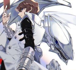 Rule 34 | 1boy, blue-eyes white dragon, blue eyes, brown hair, card, commentary request, dragon, duel monster, from side, high collar, holding, holding card, kaiba seto, looking at viewer, looking to the side, male focus, profile, short hair, solo, sunanogimo, upper body, yu-gi-oh!, yu-gi-oh! duel monsters