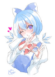 Rule 34 | 0002koko, 1girl, absurdres, blue bow, blue eyes, blue hair, blush, bow, braid, cirno, commentary request, hair between eyes, hair bow, hands up, head tilt, heart, heart-shaped pupils, heart hands, highres, juliet sleeves, long sleeves, looking at viewer, one eye closed, puckered lips, puffy sleeves, shirt, short hair, signature, simple background, sketch, solo, symbol-shaped pupils, touhou, twin braids, upper body, white background, white shirt