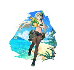 Rule 34 | 1girl, aqua sky, artist request, bare shoulders, belt, bikini, bird, blonde hair, blue footwear, boat, breasts, camouflage, camouflage bikini, cleavage, cloud, collarbone, cross-laced footwear, final gear, forest, full body, goggles, goggles on head, green belt, green eyes, hair between eyes, highres, holding, holding water gun, knees, leg up, leigh (final gear), medium breasts, midriff, mountain, multicolored bikini, multicolored clothes, nature, navel, official art, pantyhose, running, sand, seagull, simple background, sky, smile, snorkel, solo, super soaker, suspenders, swimsuit, tachi-e, thigh belt, thigh strap, third-party source, torn clothes, torn pantyhose, water, water gun, watercraft, white background