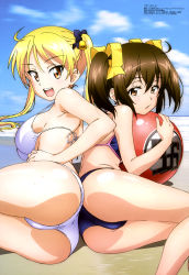 Rule 34 | 10s, 2girls, absurdres, ass, ass-to-ass, back-to-back, bakuon!!, ball, beach, beachball, bell, bikini, blonde hair, bow, breasts, brown eyes, brown hair, cloud, day, from side, hair bell, hair ornament, hair ribbon, highres, large breasts, looking at viewer, lying, megami magazine, multiple girls, nakano chisame, non-web source, ocean, official art, on side, open mouth, outdoors, ribbon, sideboob, sky, smile, strap gap, suzunoki rin, swimsuit, twintails, water