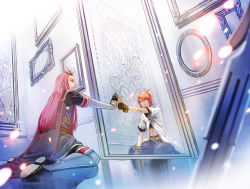 Rule 34 | 00s, 2boys, asch (tales), bad id, bad pixiv id, blurry, coat, depth of field, frown, gloves, green eyes, hair between eyes, highres, kirinosuke, long hair, luke fon fabre, male focus, multiple boys, picture frame, red hair, reflection, reflective floor, sitting, stomach, surcoat, surprised, tales of (series), tales of the abyss, weapon
