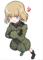 Rule 34 | 10s, 1girl, black footwear, black gloves, blonde hair, blue eyes, boots, closed mouth, commentary request, cosmic (crownclowncosmic), crossed arms, emblem, frown, full body, girls und panzer, gloves, green jumpsuit, highres, jumpsuit, katyusha (girls und panzer), long sleeves, looking at viewer, pravda (emblem), pravda military uniform, short hair, short jumpsuit, simple background, solo, standing, v-shaped eyebrows, white background