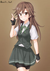 Rule 34 | 1girl, anti (untea9), arashio (kancolle), bike shorts, black gloves, black vest, breasts, brown background, brown eyes, brown hair, commentary request, cosplay, cowboy shot, fingerless gloves, gloves, green ribbon, highres, index finger raised, kagerou (kancolle), kagerou (kancolle) (cosplay), kantai collection, long hair, looking at viewer, neck ribbon, ribbon, school uniform, shirt, short sleeves, simple background, small breasts, smile, solo, twitter username, vest, white shirt