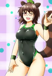 Rule 34 | 1girl, animal ears, bad id, bad nicoseiga id, breasts, brown eyes, brown hair, checkered background, competition swimsuit, d-m (dii emu), futatsuiwa mamizou, glasses, hair ornament, highres, leaf, leaf hair ornament, leaf on head, medium breasts, one-piece swimsuit, open mouth, raccoon ears, raccoon tail, short hair, smile, solo, swimsuit, tail, touhou