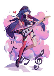 Rule 34 | 1girl, :d, absurdres, asymmetrical legwear, beret, black gloves, black hat, black jacket, black shorts, breasts, cleavage, fingerless gloves, fishnet thighhighs, fishnets, full body, gloves, guitar, hair between eyes, hat, heart, highres, holding, holding instrument, honkai (series), honkai impact 3rd, instrument, jacket, long hair, looking at viewer, mismatched legwear, musical note, open mouth, paper, ponytail, purple eyes, purple hair, qian yi, raiden mei, raiden mei (shadow dash), red thighhighs, shirt, short sleeves, shorts, simple background, smile, smoking, solo, standing, standing on one leg, teeth, thighhighs, white background, white shirt