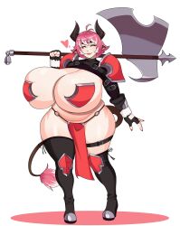 Rule 34 | 1girl, animal ears, armor, axe, bikini armor, black thighhighs, breasts, closed eyes, cow ears, cow girl, cow horns, cow tail, facing viewer, female focus, gigantic breasts, heart, holding, holding axe, horns, impossible armor, impossible clothes, lips, loincloth, navel, pale skin, pasties, pink hair, plump, shadow, shiny skin, shoulder armor, smile, solo, standing, strongmoist, tail, thick thighs, thighhighs, thighs, white background, wide hips