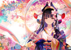 Rule 34 | 1girl, arm up, black hair, blunt bangs, cherry blossoms, closed mouth, colorful, copyright request, flower, fuzichoco, hagoromo, hair flower, hair ornament, japanese clothes, kimono, long hair, looking at viewer, original, sash, shawl, smile, solo, torii, upper body