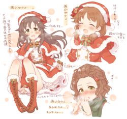Rule 34 | 3girls, 7010, :d, bell, belt, blush, boots, bow, brown hair, capelet, character name, christmas, commentary request, cross-laced footwear, dress, closed eyes, fur trim, green eyes, hair ornament, hat, high heel boots, high heels, himekawa yuki, idolmaster, idolmaster cinderella girls, katagiri sanae, lace-up boots, long hair, long sleeves, looking at viewer, low twintails, multiple girls, namba emi, open mouth, red dress, red footwear, santa costume, santa hat, scarf, short hair, short twintails, smile, translation request, twintails, wavy hair