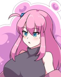Rule 34 | 1girl, bare shoulders, black shirt, blue eyes, blush, bocchi the rock!, breasts, cube hair ornament, gotoh hitori, hair between eyes, hair ornament, highres, jacket, large breasts, long hair, neferkitty, open mouth, pink hair, pink jacket, removing jacket, shirt, side ahoge, sleeveless, sleeveless turtleneck, solo, turtleneck