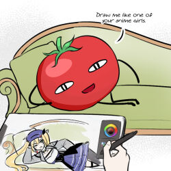 Rule 34 | 1girl, blonde hair, blue headwear, blue skirt, commentary, couch, dinokano, dokibird (vtuber), drawing tablet, english commentary, english text, holding, holding stylus, indie virtual youtuber, looking at viewer, lying, on side, parody, pov, scene reference, skirt, smile, stylus, titanic (movie), tomato, twintails, virtual youtuber, white background