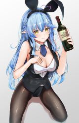 Rule 34 | 1girl, absurdres, animal ears, bare arms, black vest, blue hair, blue necktie, blush, bottle, braid, breasts, cleavage, commentary, detached collar, fake animal ears, french braid, hair between eyes, half updo, highres, holding, holding bottle, hololive, large breasts, long hair, looking at viewer, micon, necktie, pantyhose, pointy ears, rabbit ears, revision, shirt, sidelocks, simple background, sleeveless, sleeveless shirt, smile, solo, vest, virtual youtuber, white background, white shirt, yellow eyes, yukihana lamy