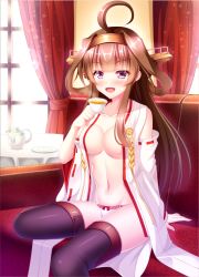 Rule 34 | &gt;:d, 10s, 1girl, :d, ahoge, bare shoulders, black thighhighs, blush, bow, bow panties, breasts, brown hair, cleavage, collarbone, couch, cup, curtains, day, detached sleeves, frilled panties, frills, headband, highres, holding, holding cup, indoors, japanese clothes, kantai collection, kimono, kongou (kancolle), long hair, long sleeves, looking at viewer, medium breasts, navel, no bra, nontraditional miko, on couch, open clothes, open kimono, open mouth, panties, purple eyes, purple thighhighs, red bow, red ribbon, ribbon, ribbon-trimmed sleeves, ribbon trim, saucer, sitting, smile, solo, table, tea, teacup, teapot, thighhighs, underwear, v-shaped eyebrows, white panties, wide hips, window, yuuzuki hijiri