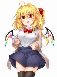 Rule 34 | 1girl, ahoge, bat wings, black thighhighs, blonde hair, blue skirt, blush, bow, breasts, brown cardigan, cardigan, collared shirt, commentary, crystal, dot nose, dress shirt, eyes visible through hair, fang, flandre scarlet, hair between eyes, hair ornament, hair scrunchie, happy, highres, large breasts, long sleeves, looking at viewer, marukyuu ameya, medium hair, miniskirt, nail polish, open cardigan, open clothes, open mouth, pleated skirt, pointy ears, ponytail, red bow, red eyes, red nails, red scrunchie, school uniform, scrunchie, shirt, shirt tucked in, side ponytail, simple background, skin fang, skirt, solo, thick eyelashes, thighhighs, thighs, tongue, touhou, uniform, white background, white shirt, wings, zettai ryouiki