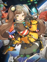 Rule 34 | 1girl, backpack, bag, blush, brown hair, earth (planet), floating, gloves, glowing clothes, gun, helmet, high collar, highres, holding, holding gun, holding weapon, jacket, jumping, kriss vector, long hair, long sleeves, mearyo, open mouth, original, pantyhose, pantyhose under shorts, planet, satellite, screen, shoes, shorts, sneakers, solo, space, space helmet, space invaders, submachine gun, traffic cone, twintails, ufo, v, very long hair, weapon, yellow eyes