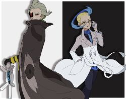 ahoge blonde_hair blue_hair cane colress_(pokemon) creatures_(company) game_freak ghetsis_(pokemon) glasses gloves green_hair highres holding holding_cane lab_coat male_focus multicolored_hair multiple_boys nintendo pokemon red_eyes short_hair smile suta_5255 two-tone_hair yellow_eyes