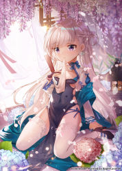 Rule 34 | 1girl, aged down, apple caramel, azur lane, belfast (azur lane), belfast (iridescent rosa) (azur lane), belfast (iridescent rosa) (azur lane), black footwear, blue bow, bow, braid, breasts, chinese clothes, commission, covered navel, dress, earrings, flower, folded fan, folding fan, gloves, hand fan, hand on breast, heart, heart earrings, highres, holding, holding fan, hydrangea, jewelry, kneeling, little bel (azur lane), long hair, mouth hold, partially fingerless gloves, pelvic curtain, purple eyes, ring, small breasts, solo, thighhighs, white hair, white thighhighs, wisteria