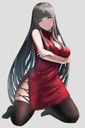Rule 34 | 1girl, absurdres, black hair, black thighhighs, breasts, cleavage, closed mouth, crossed arms, dress, highres, kneeling, laces, large breasts, long hair, looking at viewer, original, red dress, smile, solo, thighhighs, thighs, uple, white background, yellow eyes