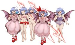 Rule 34 | 1girl, absurdres, barefoot, bat wings, blue hair, bow, breasts, brooch, burnt clothes, chemise, d.koutya, dress, fang, fang out, fangs, frilled shirt, frilled shirt collar, frilled sleeves, frills, full body, hat, hat ribbon, highres, jewelry, mary janes, mob cap, multiple views, navel, no headwear, nude, panties, pink dress, pink headwear, puffy short sleeves, puffy sleeves, red bow, red eyes, red footwear, red ribbon, remilia scarlet, ribbon, ribbon trim, sash, see-through, shirt, shoes, short hair, short sleeves, simple background, small breasts, spear the gungnir, standing, torn clothes, touhou, underwear, variations, white background, wings, wrist cuffs