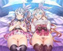 Rule 34 | 2girls, aqua eyes, bed, bed sheet, bedroom, blush, box, bracelet, brown eyes, brown hair, brown legwear, censored, chocolate, clarisse (granblue fantasy), cleft of venus, commentary request, curly hair, diantha (granblue fantasy), dress, embarrassed, female pubic hair, gift, gift box, granblue fantasy, groin, hair between eyes, idol, jewelry, long hair, long sleeves, looking at viewer, lying, mimonel, mosaic censoring, multiple girls, navel, no panties, on back, on bed, open mouth, orange hair, panties, pink lips, pink skirt, plaid, plaid ribbon, pubic hair, pussy, ribbon, short dress, side ponytail, skirt, sweat, sweater, take your pick, thighhighs, thighs, turtleneck, underwear, very long hair, wavy mouth, white panties, white sweater, wooden wall