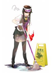 Rule 34 | 1boy, apron, ascot, black ascot, black footwear, black hair, black pants, blouse, chacha (fate), cleaning, collared shirt, employee uniform, fate/grand order, fate (series), fiery hair, full body, gloves, long hair, low ponytail, male focus, mop, namie-kun, oda nobukatsu (fate), open mouth, pants, ponytail, red eyes, shirt, shoes, sidelocks, simple background, solo, standing, tearing up, uniform, v-shaped eyebrows, very long hair, visor cap, waist apron, waistcoat, wet floor, wet floor sign, white background, white gloves, white shirt