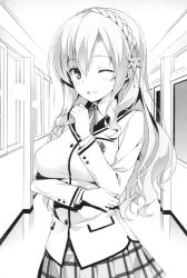 Rule 34 | 1girl, blazer, blush, bow, bowtie, brown hair, crossed arms, greyscale, hair ornament, highres, ideologue!, indoors, jacket, long hair, looking at viewer, miyamae, monochrome, non-web source, one eye closed, open mouth, pleated skirt, red eyes, school uniform, skirt, smile, solo, yuuki hagure
