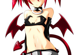Rule 34 | 1girl, collar, demon girl, demon tail, demon wings, disgaea, etna (disgaea), fang, flat chest, fumihiro, head out of frame, midriff, navel, nippon ichi, red hair, simple background, solo, tail, wings