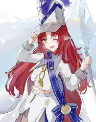 Rule 34 | 1girl, ;d, apple, arknights, blouse, blue sash, cowboy shot, cropped shirt, ear piercing, flag, food, fruit, golden apple, green eyes, hand on headwear, hands up, hat, hat feather, highres, holding, holding flag, long sleeves, looking at viewer, midriff, multico, myrtle (arknights), myrtle (light gold celebration) (arknights), navel, official alternate costume, one eye closed, open mouth, piercing, pointy ears, sash, shirt, skirt, smile, solo, teeth, upper teeth only, white hat, white shirt, white skirt