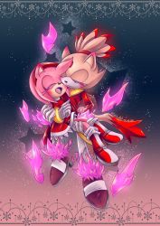 Rule 34 | absurdres, amy rose, blaze the cat, bridal style, cylikaart, dress, closed eyes, fire, floating, furry, furry female, highres, purple fire, red dress, sky, sonic (series), star (sky), star (symbol), starry sky, yuri