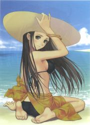 Rule 34 | 1girl, barefoot, beach, cloud, day, feet, hat, highres, jpeg artifacts, long hair, outdoors, sand, shore, sky, soles, solo, tony taka, water