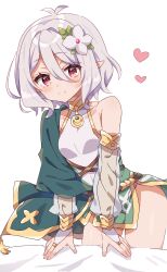 Rule 34 | absurdres, breasts, bridal gauntlets, collarbone, covered collarbone, detached sleeves, dress, heart, hi (pontolfo), highres, kokkoro (princess connect!), looking at viewer, pink eyes, pointy ears, princess connect!, short hair, simple background, small breasts, thighs, white hair
