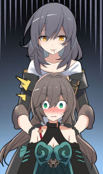 Rule 34 | 2girls, ^^^, alternate height, black coat, black gloves, black sleeves, blush, breasts, brown hair, cleavage, clothing cutout, coat, collarbone, commentary request, dress, drooling, e.o., gloves, green dress, green eyes, grey hair, hair between eyes, highres, honkai: star rail, honkai (series), long hair, looking down, medium breasts, multiple girls, qingque (honkai: star rail), shirt, shoulder cutout, shoulder grab, sleeves rolled up, stelle (honkai: star rail), trailblazer (honkai: star rail), twintails, white shirt, yellow eyes, you gonna get raped