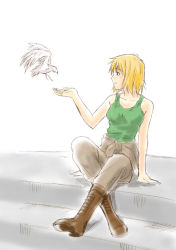 Rule 34 | 00s, 1girl, arm support, bird, black eyes, blonde hair, boots, cagalli yula athha, clothes around waist, flying, green shirt, gundam, gundam seed, knee boots, crossed legs, outdoors, outstretched hand, pants, shirt, short hair, sitting, sitting on stairs, sketch, smile, solo, stairs, sweater, sweater around waist, tank top, toshibou (satsukisou)