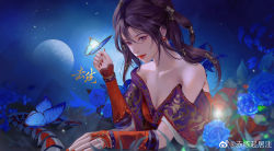 Rule 34 | 1girl, absurdres, bare shoulders, black hair, bug, butterfly, chi lian (qin shi ming yue), chi lian qiju zhu, closed mouth, dress, earrings, flower, highres, insect, jewelry, light, looking at viewer, lying, medium hair, moon, multi-tied hair, night, on stomach, qinshi mingyue, red dress, rose, smile, solo, upper body, whip