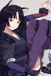 Rule 34 | 1girl, animal ears, arknights, black hair, brown eyes, coldcat., commentary, dog ears, fingerless gloves, forehead, gloves, grey background, highres, hip vent, infection monitor (arknights), japanese clothes, knees up, looking at viewer, open mouth, pants, purple pants, purple shirt, saga (arknights), sandals, shirt, solo, white legwear, wristband