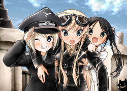 Rule 34 | 4girls, aqua eyes, arm around neck, black hair, blonde hair, blue eyes, grabbing another&#039;s breast, breasts, erica hartmann, fang, francesca lucchini, goggles, goggles on head, grabbing, grin, hajime monji, hanna-justina marseille, hat, jacket, miyafuji yoshika, motion blur, multiple girls, one eye closed, open mouth, peaked cap, salute, silhouette demon, small breasts, smile, strike witches, twintails, world witches series