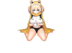Rule 34 | 1girl, :3, animal hood, barefoot, black shorts, blonde hair, blue eyes, blush, breasts, cup, ella of the sky, faux figurine, full body, game cg, hair between eyes, hamster hood, highres, holding, holding cup, hood, hot chocolate, impossible clothes, impossible shirt, jam (nandade), large breasts, last origin, looking at viewer, midriff, mug, navel, official alternate costume, official art, open mouth, oppai loli, shirt, short shorts, short twintails, shorts, sima (startwitch), sitting, smile, solo, transparent background, twintails, wariza