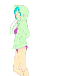 1girl bikini blue_eyes blue_hair breasts commentary_request contrapposto feet_out_of_frame from_side green_jacket hands_on_own_hips highres hood hood_up hooded_jacket hoodie jacket large_breasts limited_palette looking_at_viewer looking_to_the_side munakata_(hisahige) original purple_bikini short_hair simple_background solo standing swimsuit white_background