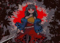 Rule 34 | 1girl, cleaver, cropped legs, detached sleeves, diamond (shape), dress, glowing, glowing eyes, grey hair, hatchet, highres, kariyushi shirt, leaf, long hair, long sleeves, looking at viewer, maple leaf, multicolored clothes, multicolored dress, nata (tool), neruzou, open mouth, red background, red eyes, sakata nemuno, single strap, slit pupils, solo, standing, touhou, wavy hair