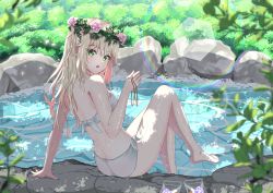 Rule 34 | barefoot, bikini, blonde hair, blurry, blurry foreground, commentary request, flower, from behind, green eyes, hair between eyes, hair flower, hair ornament, hand on ground, head wreath, highres, holding, holding jewelry, holding necklace, jewelry, lens flare, long hair, looking at viewer, necklace, open mouth, original, outdoors, pink flower, rock, side-tie bikini bottom, sitting, swimsuit, syimo, thighs, tree, water, wet, white bikini