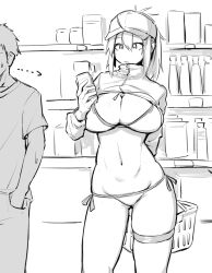 Rule 34 | 1boy, 1girl, basket, bra, breasts, can, cleavage, clueless, convenience store, fate/grand order, fate (series), female focus, gluteal fold, greyscale, groin, hat, holding, holding basket, holding can, indoors, large breasts, legs, long hair, monochrome, mysterious heroine x (fate), mysterious heroine xx (fate), navel, nia (0122), panties, shop, solo focus, standing, thigh gap, thigh strap, thighs, underwear