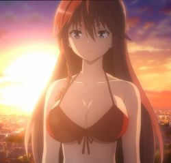 Rule 34 | 10s, 1girl, asami lilith, bikini, blue eyes, breasts, cleavage, highres, large breasts, long hair, red hair, screencap, solo, sunset, swimsuit, tagme, trinity seven