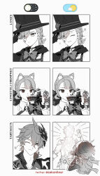 Rule 34 | animal ears, bow, cat ears, cat girl, closed mouth, commentary, cup, drinking, english commentary, freminet (genshin impact), genshin impact, greyscale, hair between eyes, hat, helmet, highres, lumine (genshin impact), lynette (genshin impact), lyney (genshin impact), mask, mask on head, monochrome, one eye closed, parody, sakon04, simple background, smile, tartaglia (genshin impact), top hat, twitter username, white background