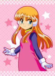 Rule 34 | 1girl, absurdres, alouette (mega man), android, blue eyes, bodystocking, capcom, child, fringe trim, gloves, highres, long hair, looking back, looking to the side, mega man (series), mega man zero (series), patterned background, polka dot, polka dot background, smile, solo, star (symbol), turning head, white gloves