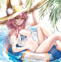 Rule 34 | 10s, 1girl, animal ears, bikini, blue bikini, blush, breasts, cleavage, day, ears through headwear, fate/extra, fate/grand order, fate (series), fox ears, hat, large breasts, lips, lma, long hair, looking at viewer, navel, ocean, outdoors, palm tree, pink hair, see-through, shirt, solo, swimsuit, tamamo (fate), tamamo no mae (fate/extra), tamamo no mae (swimsuit lancer) (fate), tamamo no mae (swimsuit lancer) (second ascension) (fate), tree, water, wet, wet clothes, wet shirt, yellow eyes