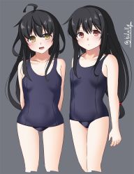Rule 34 | 2girls, ahoge, black hair, blue one-piece swimsuit, blush, breasts, collarbone, cowboy shot, gradient background, grey background, hair between eyes, hatsushimo (kancolle), highres, ishida arata, kantai collection, long hair, low-tied long hair, mikazuki (kancolle), multiple girls, old school swimsuit, one-piece swimsuit, open mouth, red eyes, school swimsuit, small breasts, smile, swimsuit, twitter username, yellow eyes