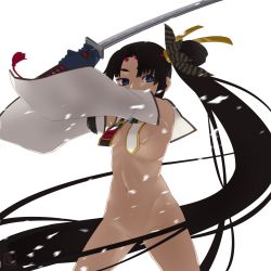 Rule 34 | 1girl, armor, bad id, bad pixiv id, black hair, blue eyes, bottomless, breasts, detached sleeves, fate/grand order, fate (series), gloves, hair censor, highres, holding, holding sword, holding weapon, japanese clothes, long hair, looking at viewer, navel, no panties, pom pom (clothes), revealing clothes, shimomoto, side ponytail, simple background, solo, sword, ushiwakamaru (fate), very long hair, weapon, white background