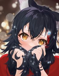 Rule 34 | 1girl, animal ear fluff, animal ears, black hair, blush, bunching hair, covering own mouth, embarrassed, hair between eyes, hair ornament, hairclip, highres, hololive, long hair, looking at viewer, multicolored hair, ookami mio, ookami mio (street), solo, star (symbol), star hair ornament, streaked hair, virtual youtuber, white hair, wolf ears, wolf girl, xiaodong327399, yellow eyes