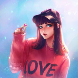 Rule 34 | 1girl, artist name, axsen, blue eyes, brown hair, chromatic aberration, eyebrows, eyelashes, hat, light, light particles, light rays, original, parted lips, pink lips, signature, sleeves past wrists, solo, sweater, upper body, watermark, web address