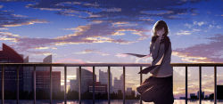 Rule 34 | 1girl, arm behind back, backlighting, black hair, black scarf, black skirt, blue sky, blush, building, city, closed mouth, cloud, commentary request, dawn, facing viewer, feet out of frame, grey sweater, hand up, highres, kisui (28992125), landscape, long hair, long sleeves, morning, original, outdoors, railing, river, scarf, skirt, sky, smile, solo, standing, sunlight, sweater, wind
